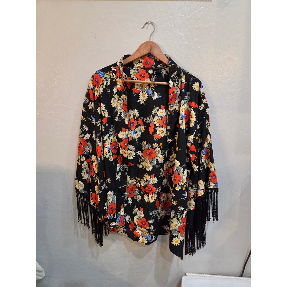 Fun & Flirt Vintage Floral Kimono Wrap Black Red Poppy Daisy Fringe Trim Large